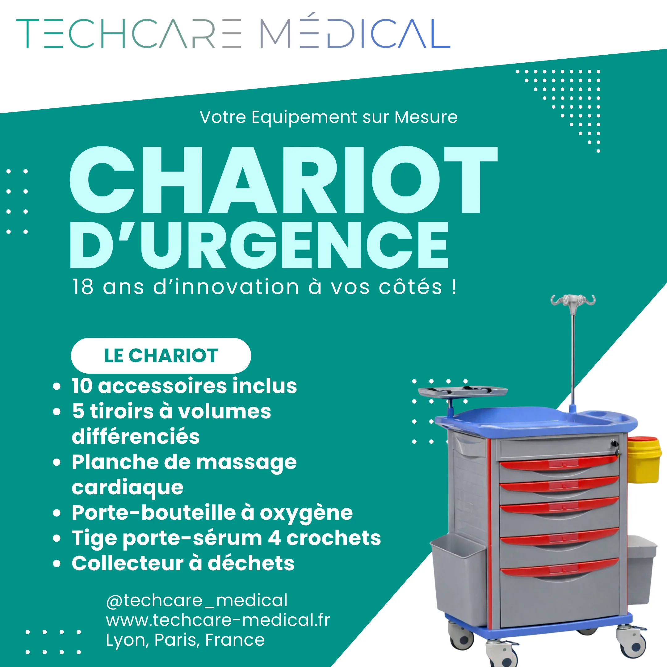 Chariot d'urgence avec défibrillateur pour salle d'épreuve d'effort